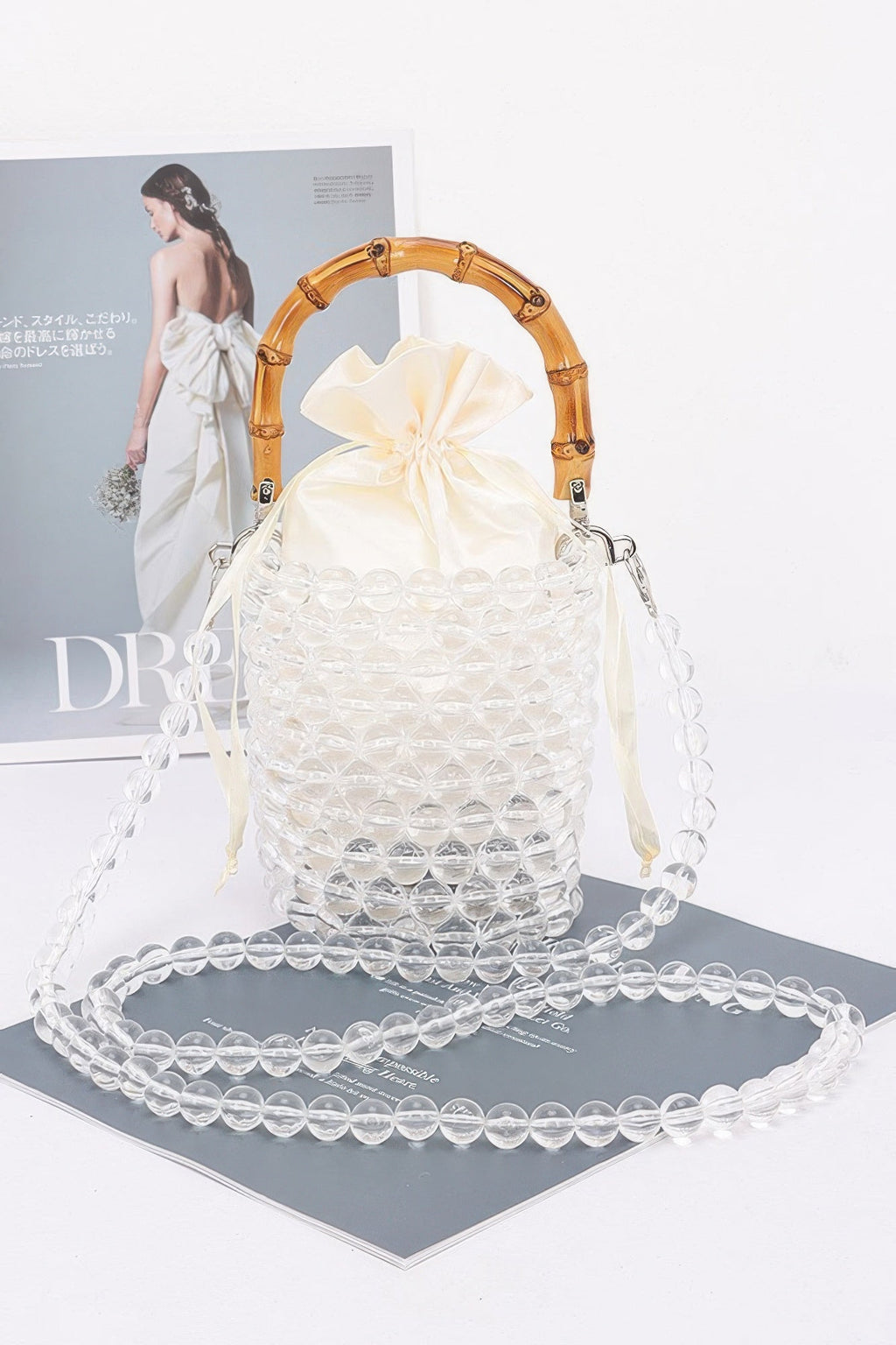 Sac fourre-tout chic perlé transparent anse bambou