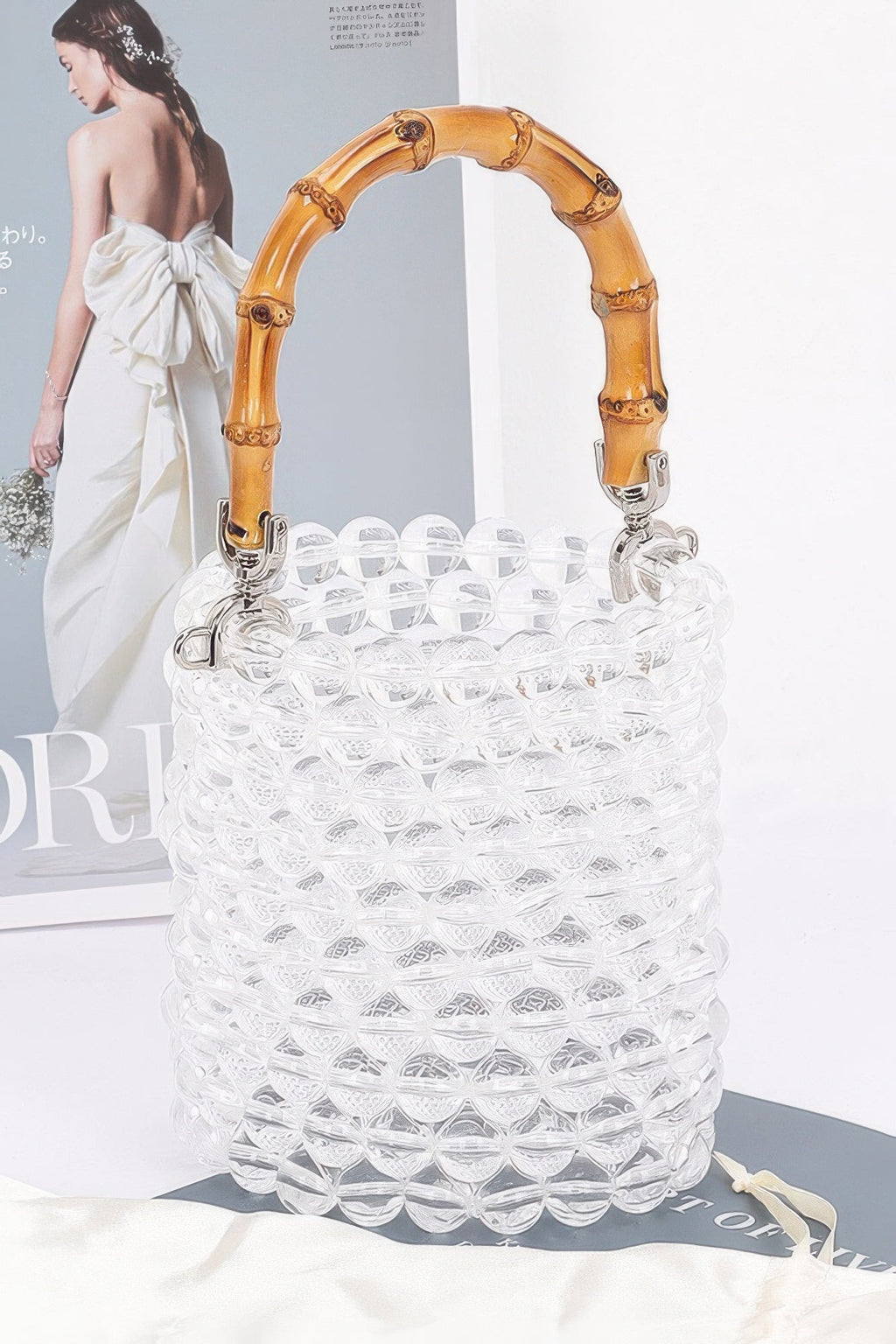 Sac fourre-tout chic perlé transparent anse bambou