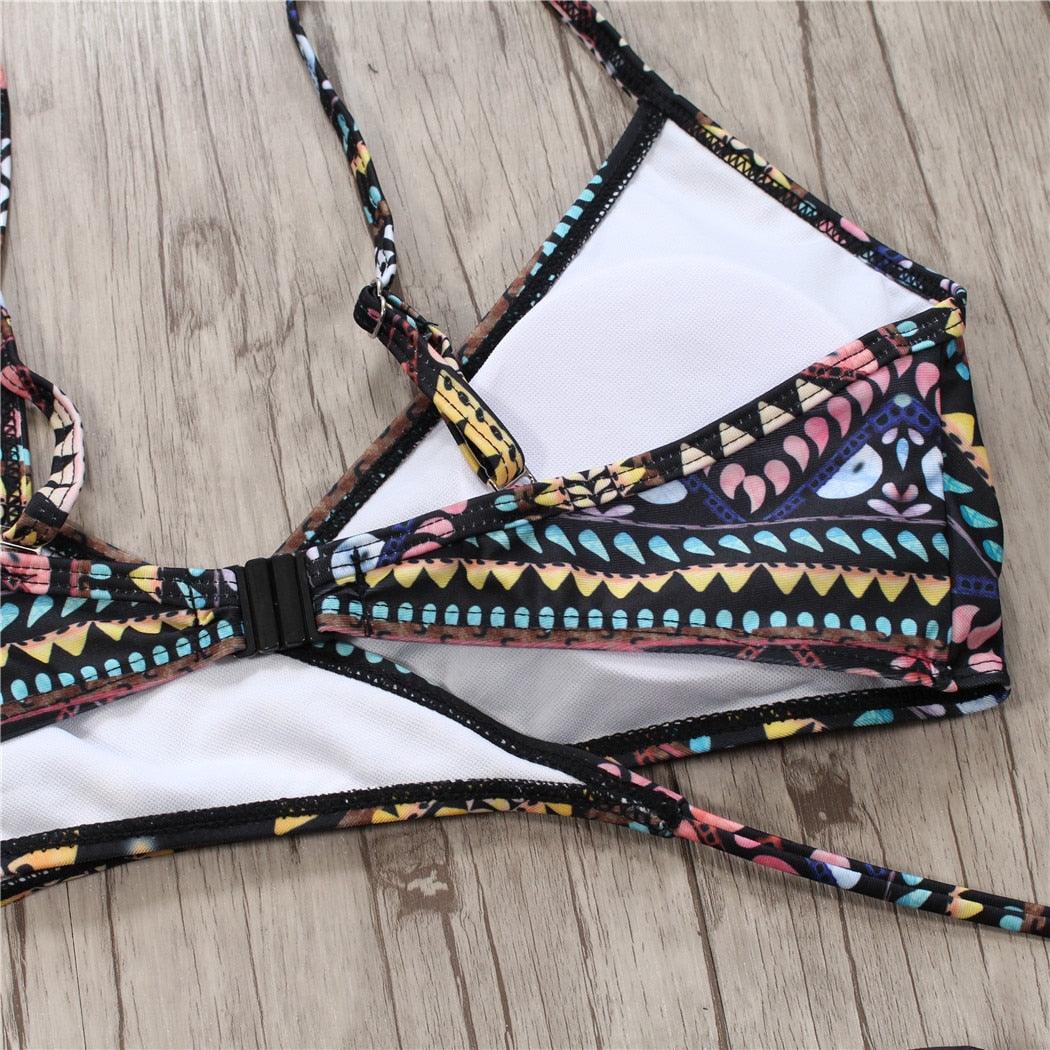 Maillot de bain deux pièces pour femme avec bretelles, haut licou, bandage et bas string