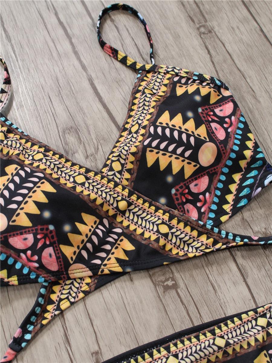 Maillot de bain deux pièces pour femme avec bretelles, haut licou, bandage et bas string