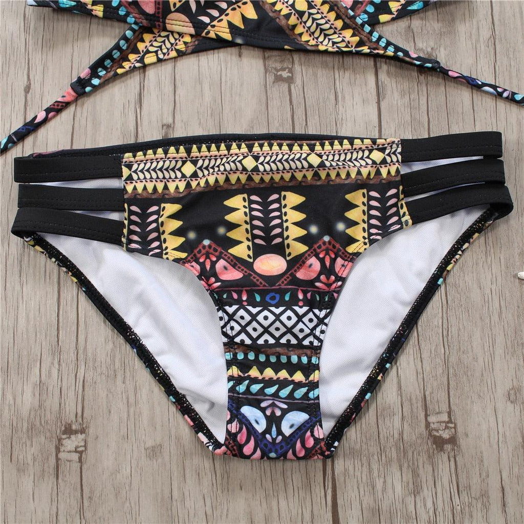 Maillot de bain deux pièces pour femme avec bretelles, haut licou, bandage et bas string