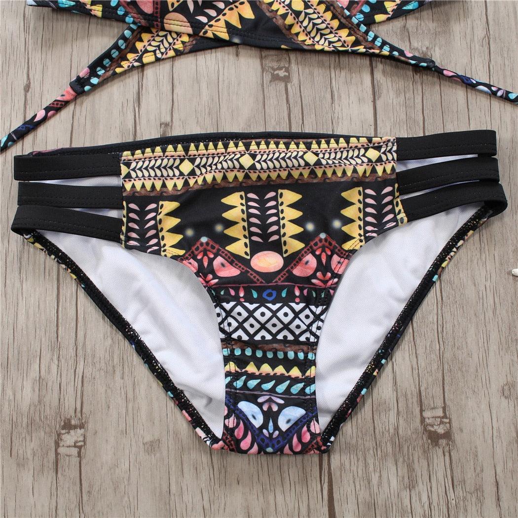 Maillot de bain deux pièces pour femme avec bretelles, haut licou, bandage et bas string