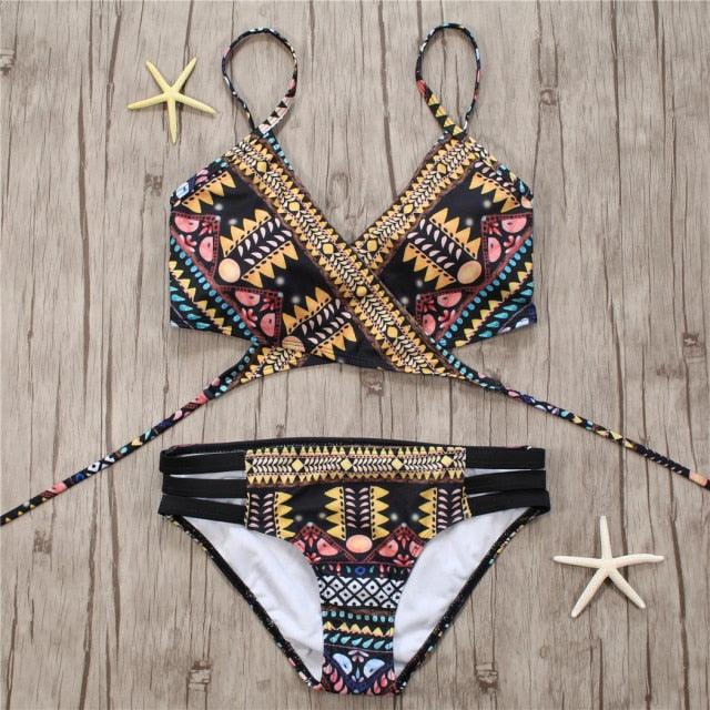 Maillot de bain deux pièces pour femme avec bretelles, haut licou, bandage et bas string