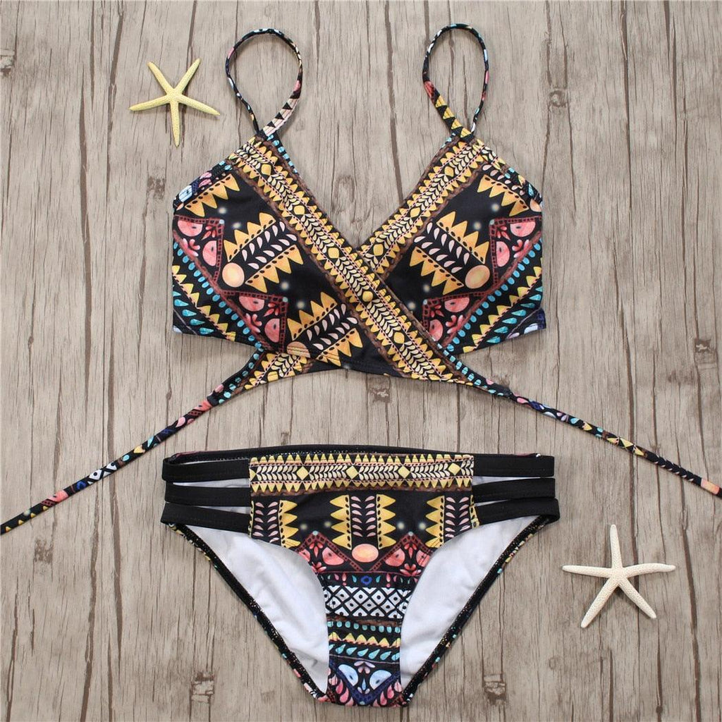 Maillot de bain deux pièces pour femme avec bretelles, haut licou, bandage et bas string