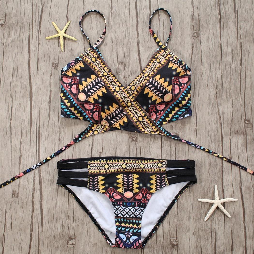 Maillot de bain deux pièces pour femme avec bretelles, haut licou, bandage et bas string