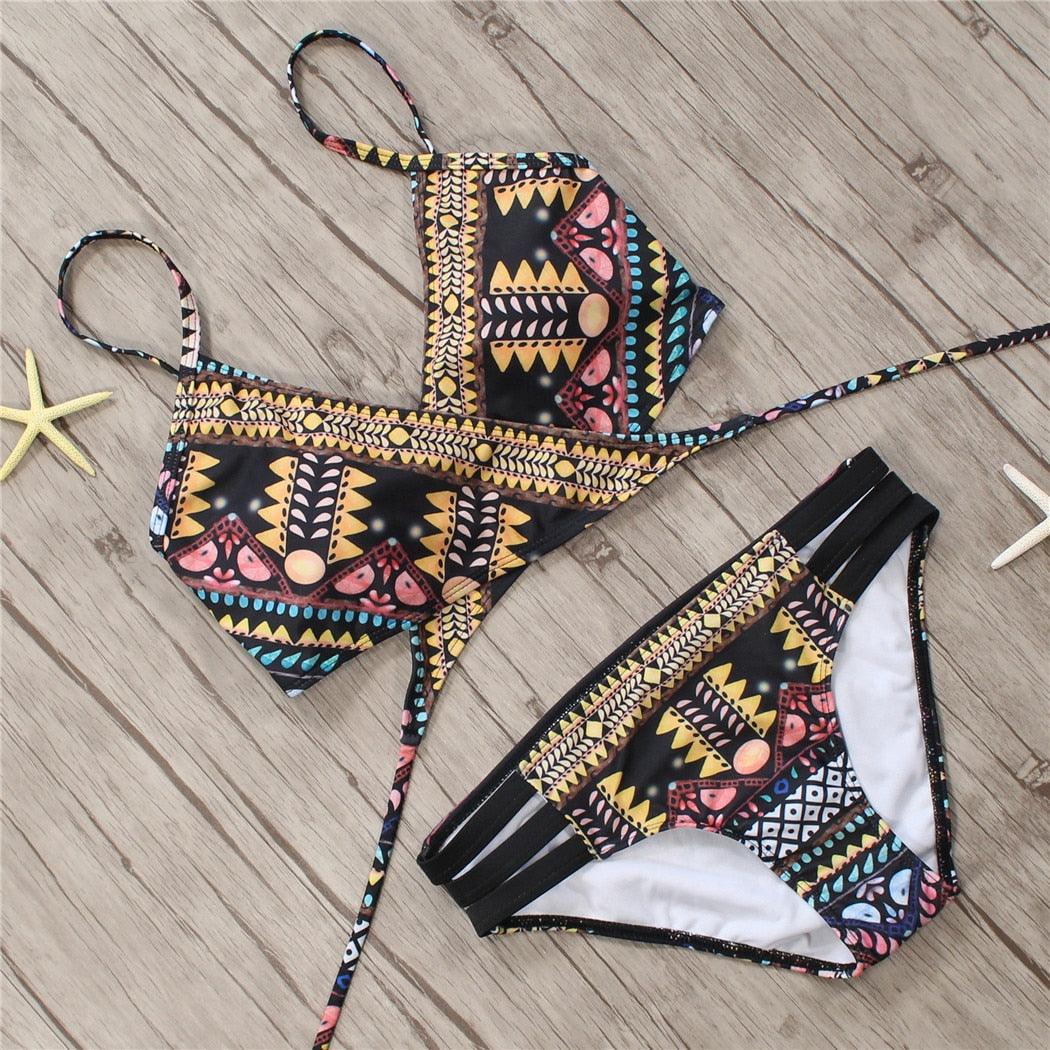 Maillot de bain deux pièces pour femme avec bretelles, haut licou, bandage et bas string