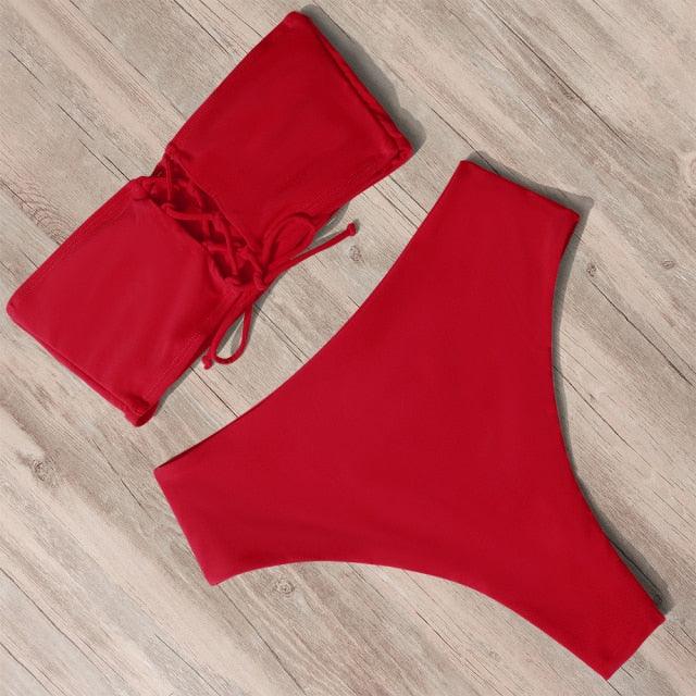 Maillot de Bain Bandage Bikini Femmes Maillot de Bain Taille Haute Ensemble Bikini Maillot de Bain Push Up Femmes Bretelles Spaghetti Bandeau Laçage Taille Haute Ensemble Bikini 2 Pièces