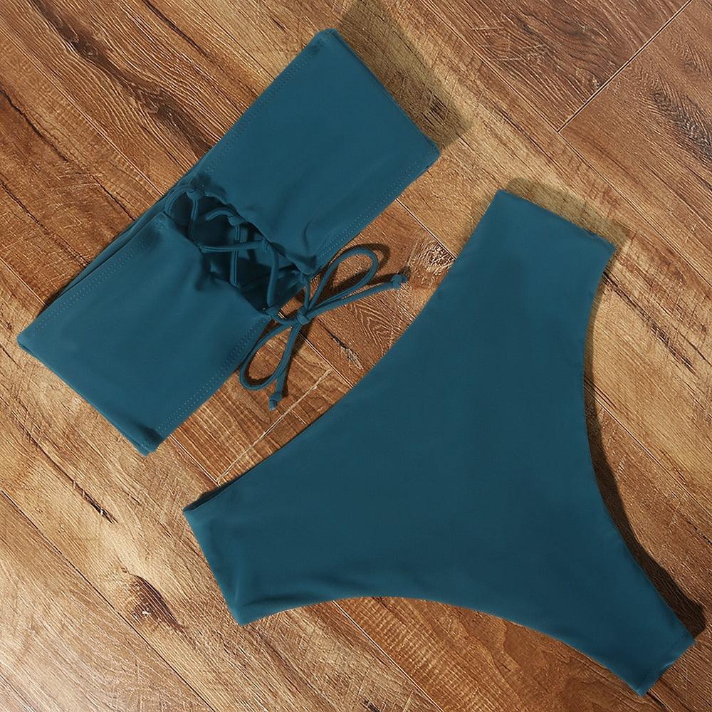 Maillot de Bain Bandage Bikini Femmes Maillot de Bain Taille Haute Ensemble Bikini Maillot de Bain Push Up Femmes Bretelles Spaghetti Bandeau Laçage Taille Haute Ensemble Bikini 2 Pièces