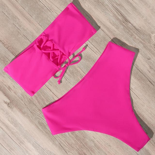 Maillot de Bain Bandage Bikini Femmes Maillot de Bain Taille Haute Ensemble Bikini Maillot de Bain Push Up Femmes Bretelles Spaghetti Bandeau Laçage Taille Haute Ensemble Bikini 2 Pièces
