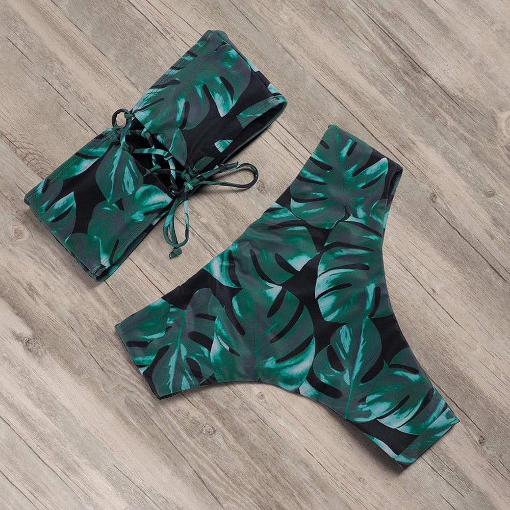 Maillot de Bain Bandage Bikini Femmes Maillot de Bain Taille Haute Ensemble Bikini Maillot de Bain Push Up Femmes Bretelles Spaghetti Bandeau Laçage Taille Haute Ensemble Bikini 2 Pièces