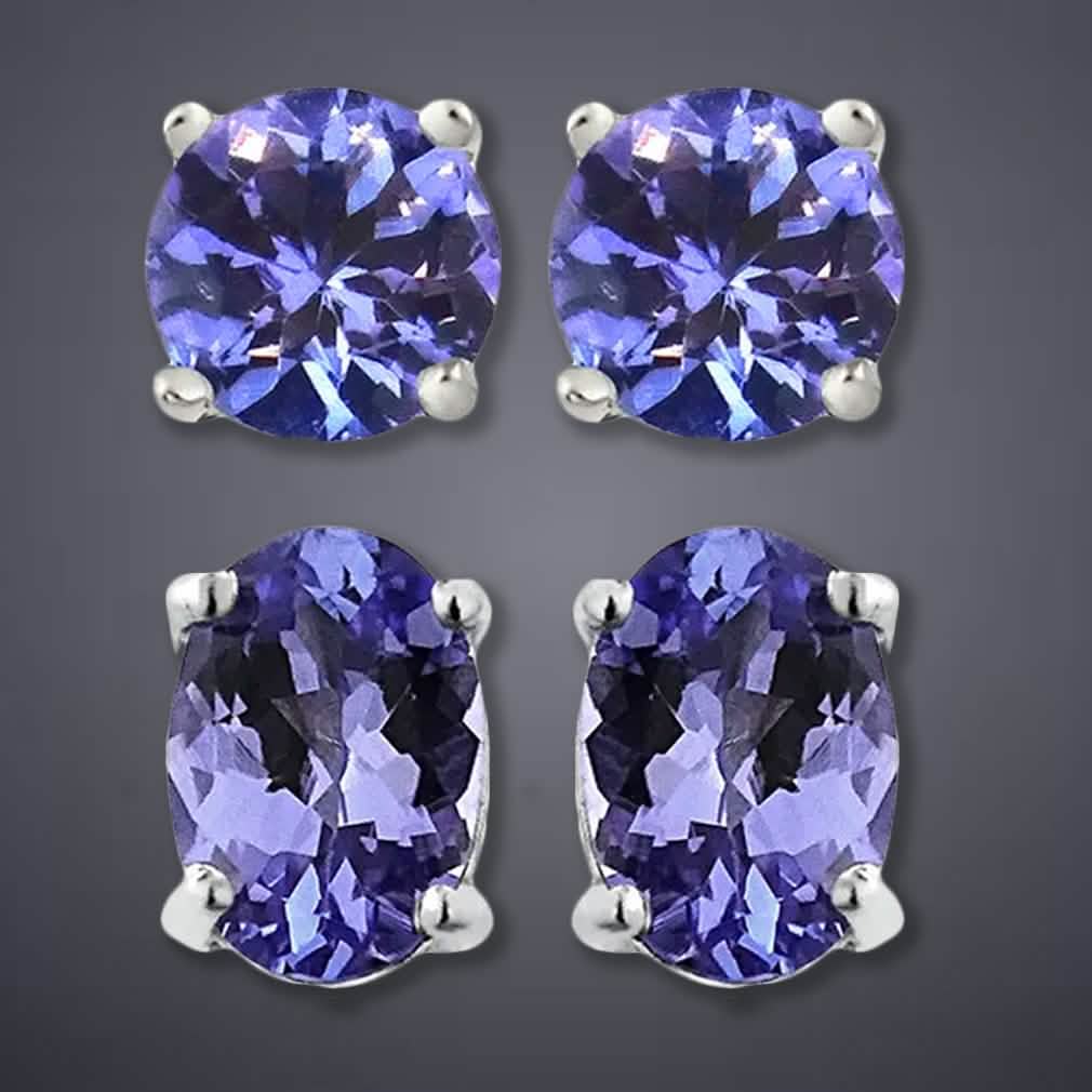 Clous d'oreilles en tanzanite véritable de forme ronde ou ovale