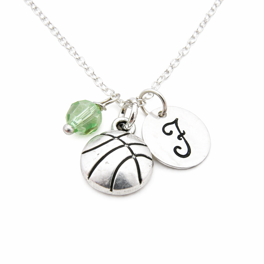 Collier de basketball – Argent sterling avec pierre de naissance et initiale