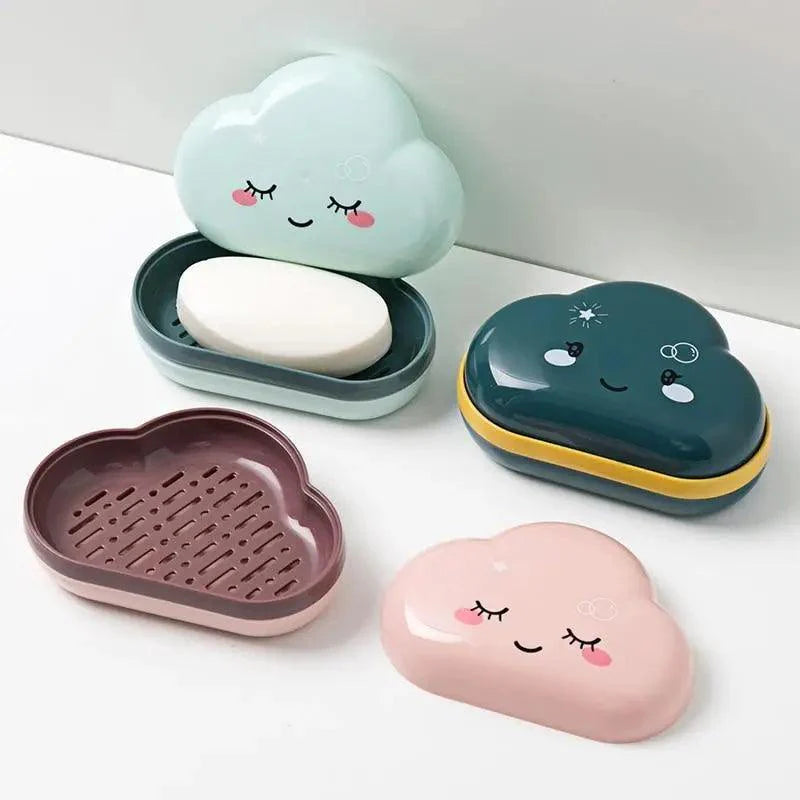 Boîte à savon de salle de bain Mignon nuages de dessins animés Porte-savon Maison Douche Voyage Conteneur Porte-savon Égouttoir Boîte Accessoires de salle de bain Porte-savon avec égouttoir Économiseur de savon Nettoyage facile Séchage Arrêt Savon
