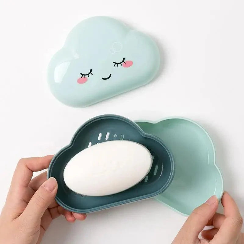 Boîte à savon de salle de bain Mignon nuages de dessins animés Porte-savon Maison Douche Voyage Conteneur Porte-savon Égouttoir Boîte Accessoires de salle de bain Porte-savon avec égouttoir Économiseur de savon Nettoyage facile Séchage Arrêt Savon