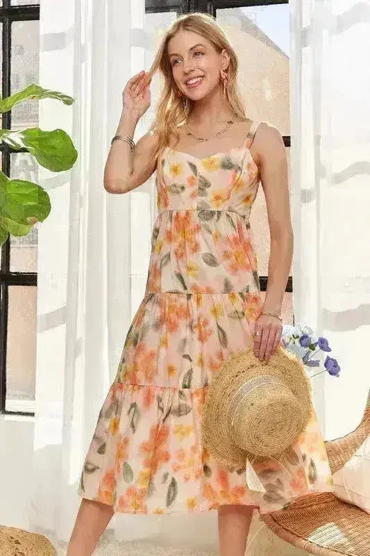 Robe mi-longue ADORA à dos smocké et bretelles réglables
