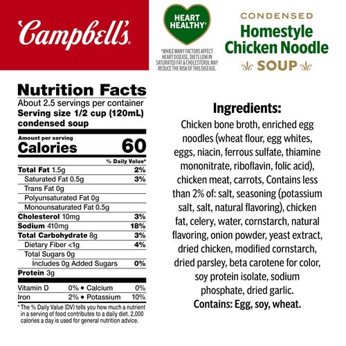 Campbell’s Soupe Poulet et Nouilles de style maison santé pour le cœur condensée, boîte de 298 g