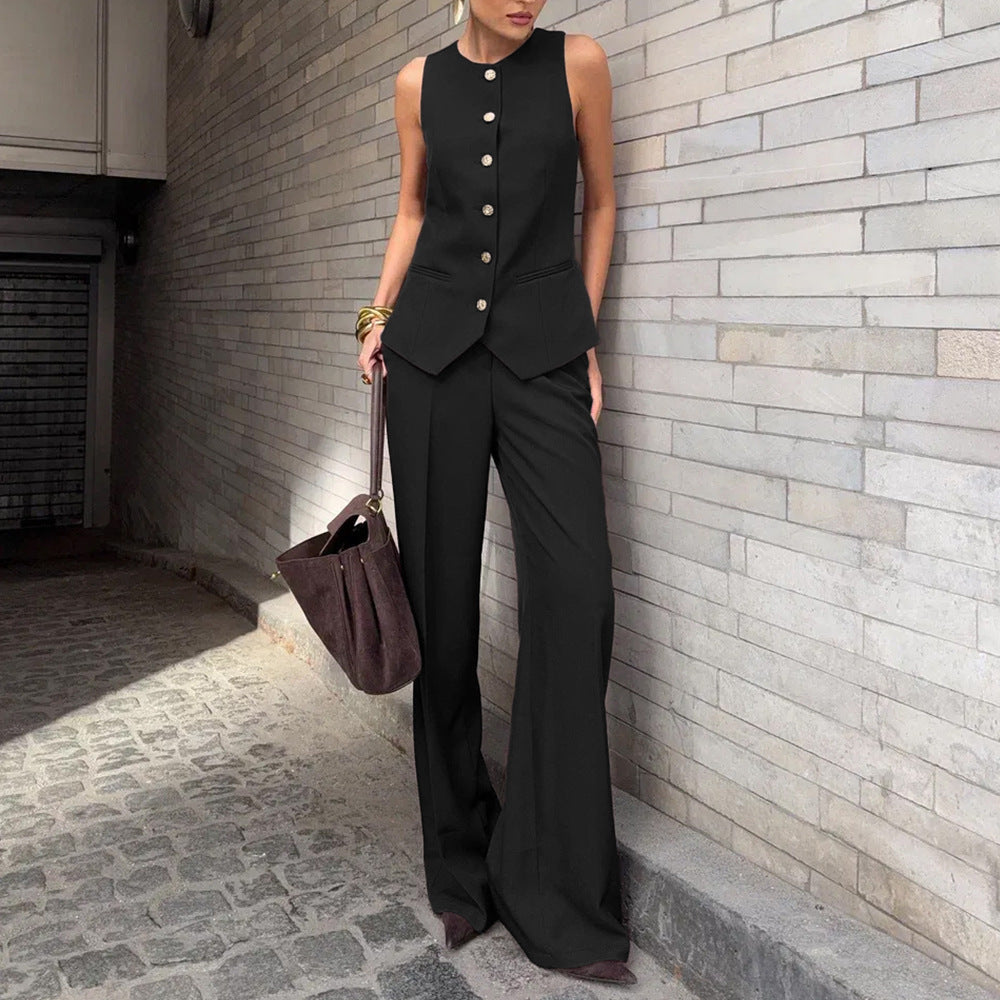 Ensemble élégant sans manches gilet et pantalon large pour femme – 2 pièces bureau