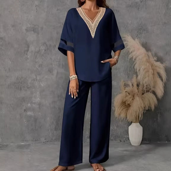 Ensemble Haut Brodé Col V et Pantalon Large pour Femme – 5 Couleurs S–XXL