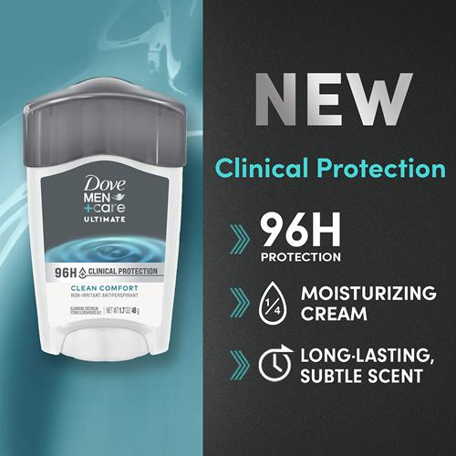 Dove Men + Care Antisudorifique protection clinique Clean Comfort en bâton pour hommes protection contre la sueur et les odeurs pendant 96 heures antisudorifique de force clinique avec 1/4 de crème hydratante 48 g