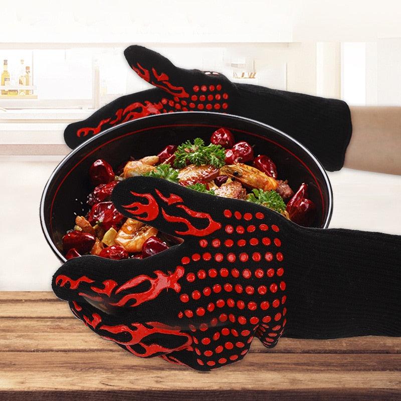 Gants de barbecue en silicone, gants résistants à la chaleur, maniques de cuisine pour micro-ondes, 500-800 degrés, ignifuges et antidérapants, gants de cuisine avec protection longue du poignet en silicone antidérapant pour barbecue et cuisine