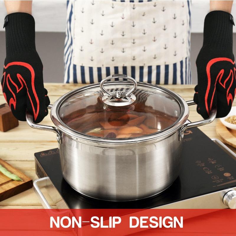 Gants de four BBQ Résistance haute température Barbecue Cuisson Isolation thermique 14 pouces Mitaines Maniques four micro-ondes Gants de cuisine ignifuges pour cuisine extérieure Accessoires de barbecue