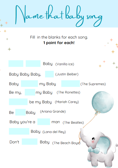 Pack de 50 jeux imprimables pour baby shower – Thème Petit Éléphant