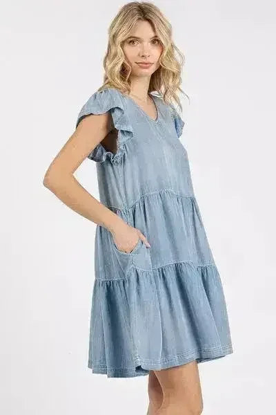 Robe mini col V féminine – Manches à volants et tissu Tencel | Femstylo
