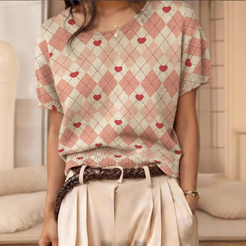 Haut en maille jacquard rétro à manches courtes pour femme