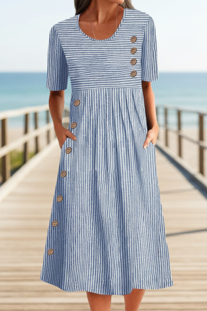 Robe longue trapèze boutonnée à manches courtes et poches