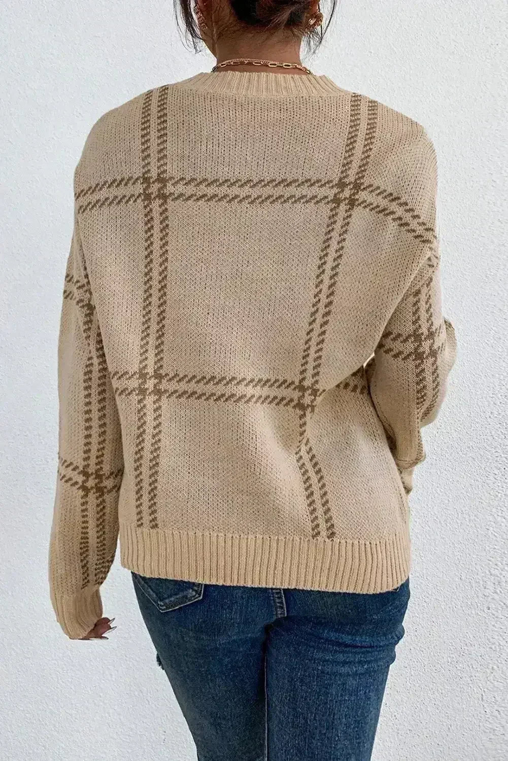 Pull en maille à carreaux kaki avec épaules tombantes
