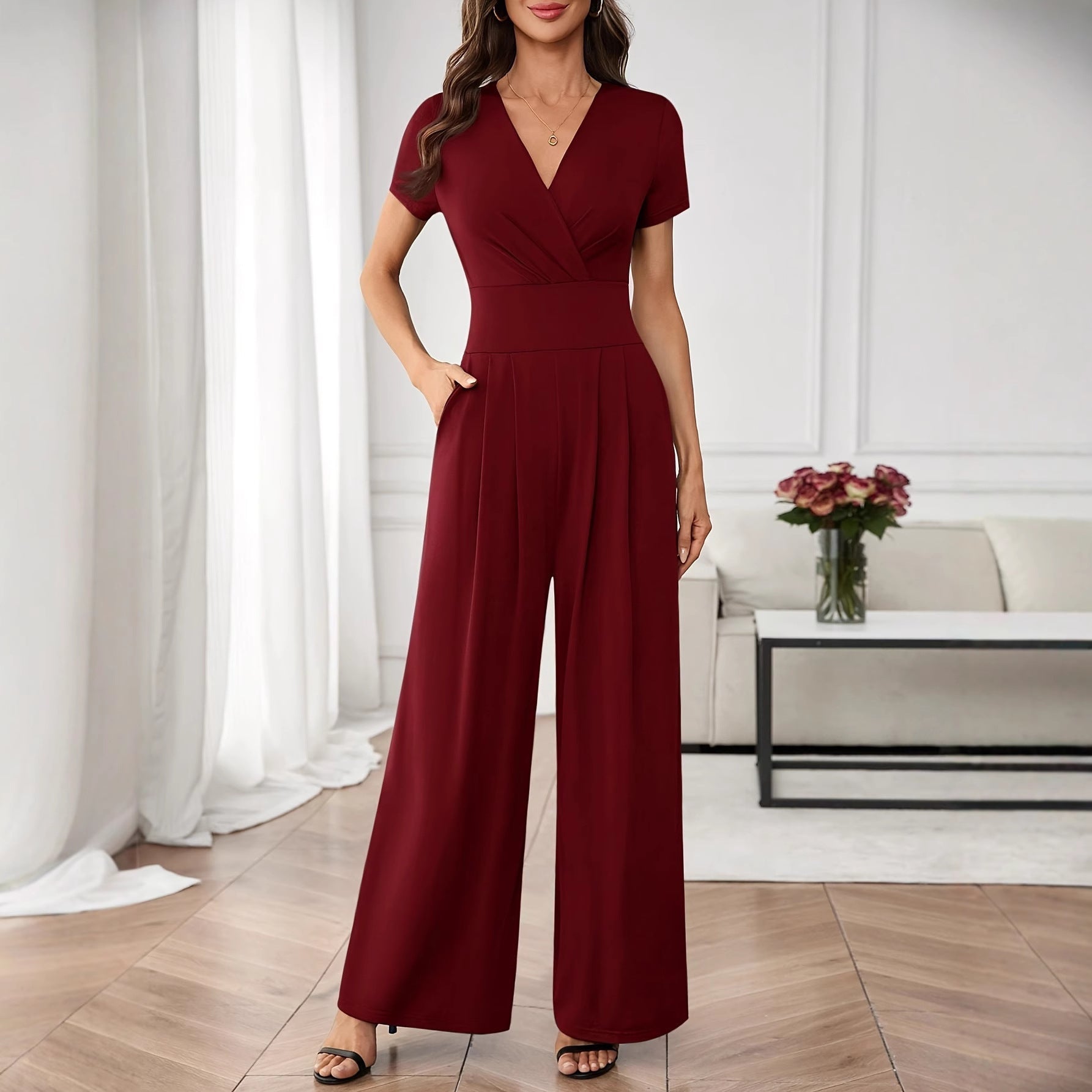 Combinaison plissée à jambes larges et manches trois quarts | 2 couleurs S-XL