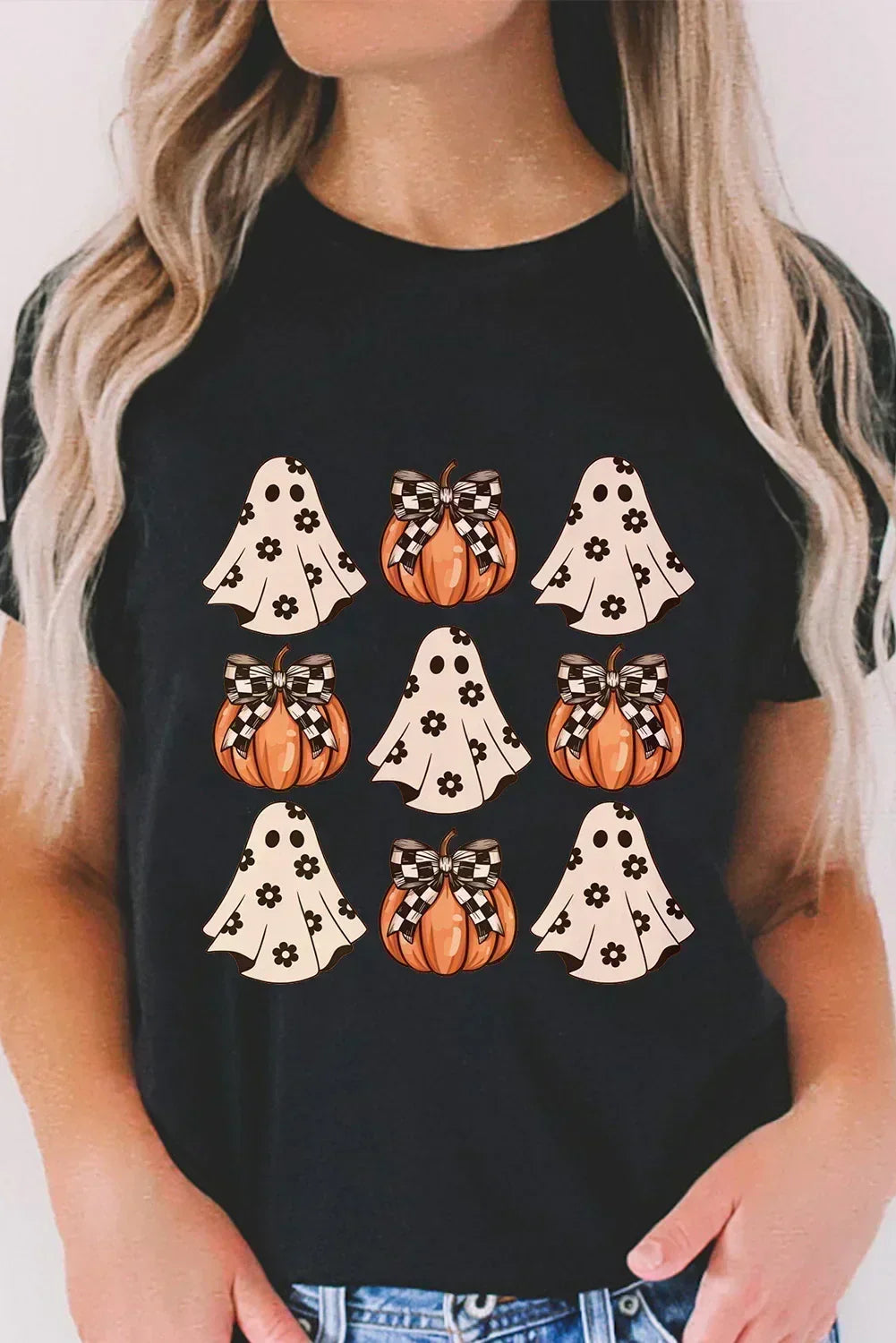 T-Shirt à col rond avec motif citrouille fantôme d'Halloween noir