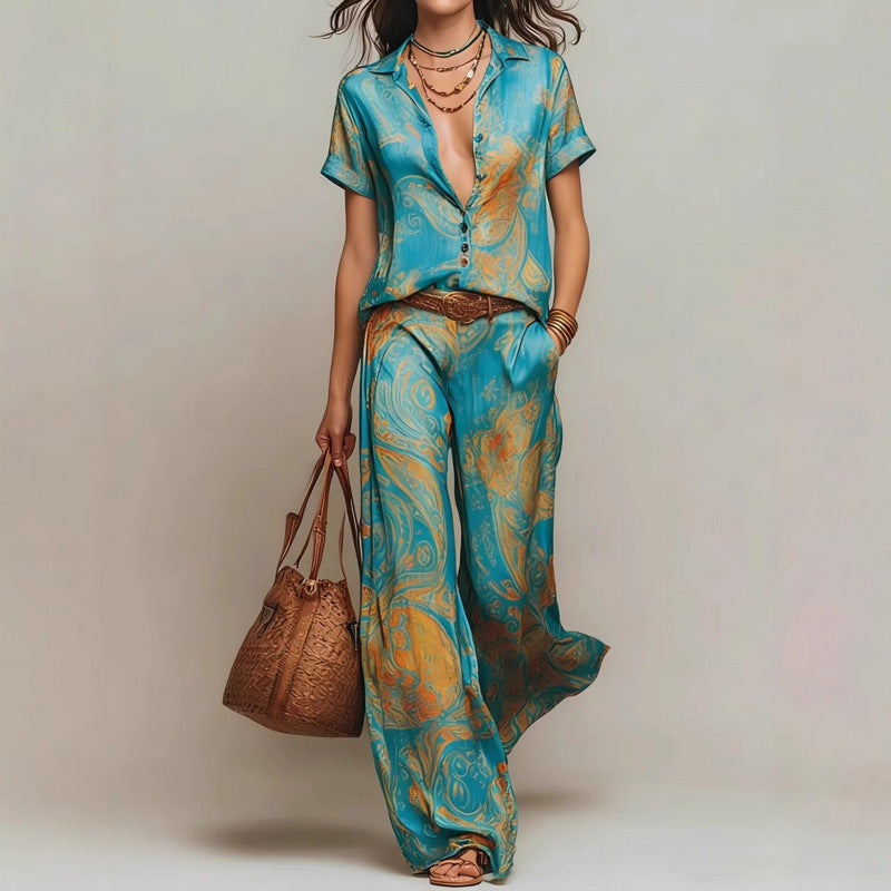 Ensemble deux pièces bohème imprimé pour femme – chemise et pantalon à manches 3/4
