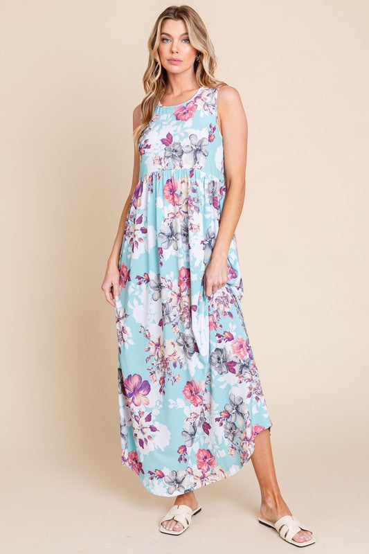 Nouvelle robe longue sans manches à col rond et imprimé floral avec poches pour femme – Robe élégante à imprimé floral, silhouette fluide et poches fonctionnelles