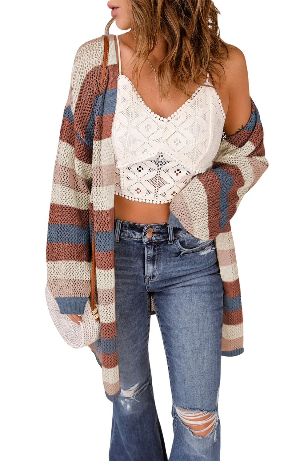 Gilet en maille rayé color block bleu foncé à découpes