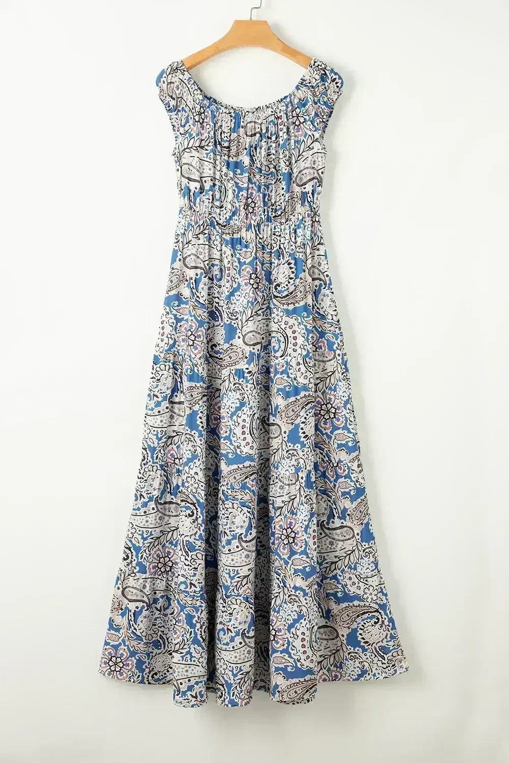 Robe longue bohème à imprimé cachemire bleu et épaules dénudées
