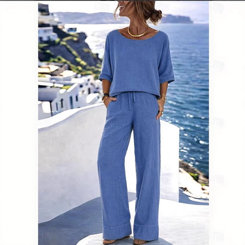 Ensemble de villégiature en coton et lin pour femme – Haut à manches courtes et pantalon à jambes larges