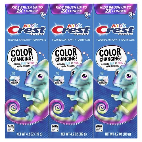 Dentifrice au fluor Crest Advanced Kids, saveur bubblegum, 120 g, lot de 3, dentifrice anti-caries à changement de couleur