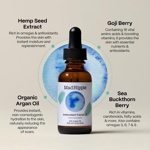 Huile visage antioxydante Mad Hippie - Huile visage pour femmes/hommes avec huile d'argan bio, hydratant non comédogène pour le visage avec des sources naturelles de vitamine C et d'huile de vitamine E pour le soin de la peau, 30 ml -