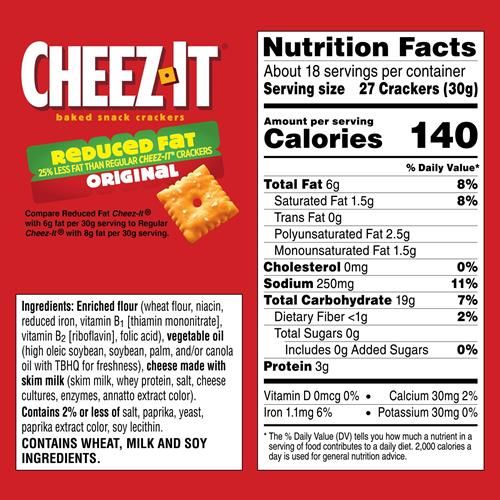 Craquelins au fromage Cheez-It, craquelins cuits au four, collations pour le déjeuner, format familial, Original allégé, boîte de 538 g (1 boîte)