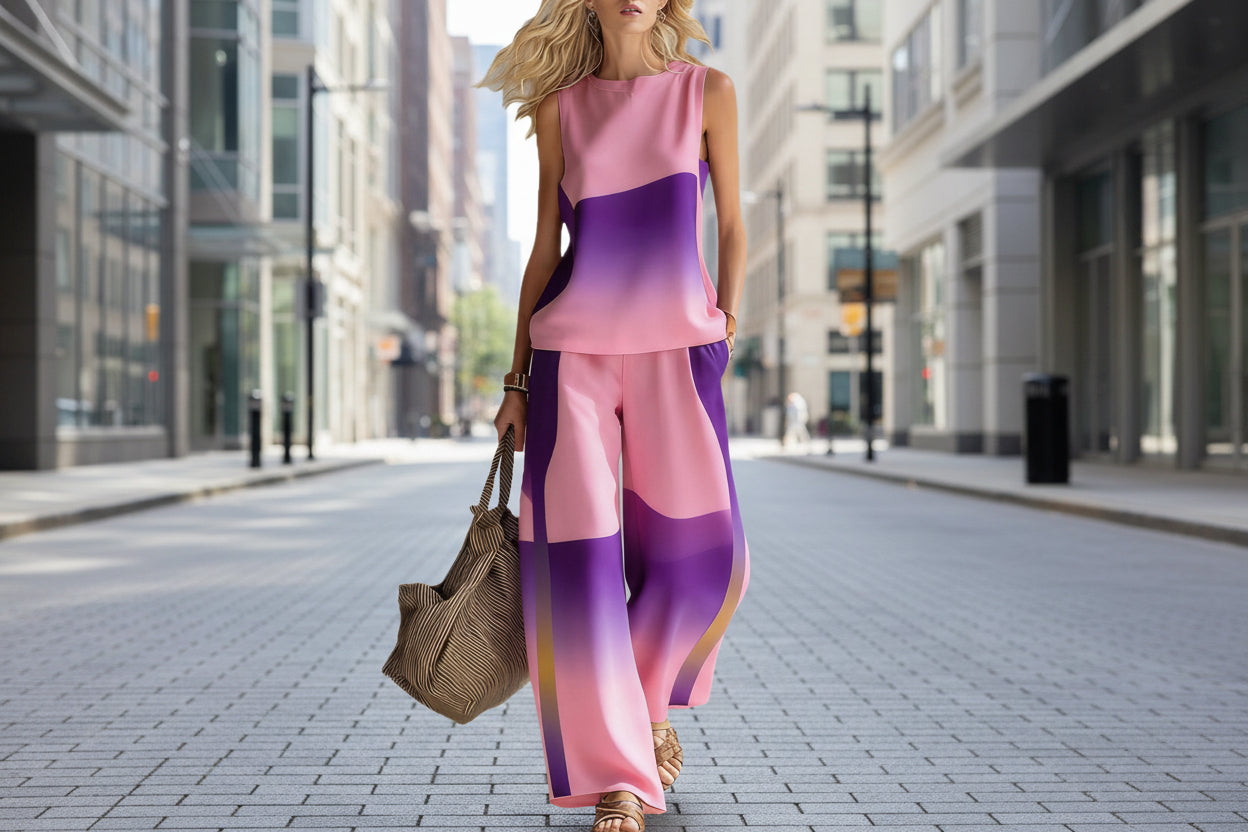 Ensemble débardeur sans manches imprimé et pantalon large pour femme