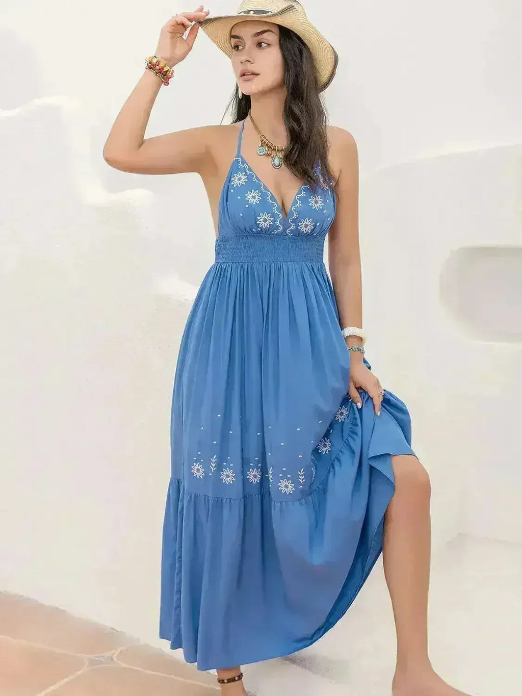 Robe longue sans manches à encolure américaine imprimée - Style vacances fluide en viscose | Femstylo