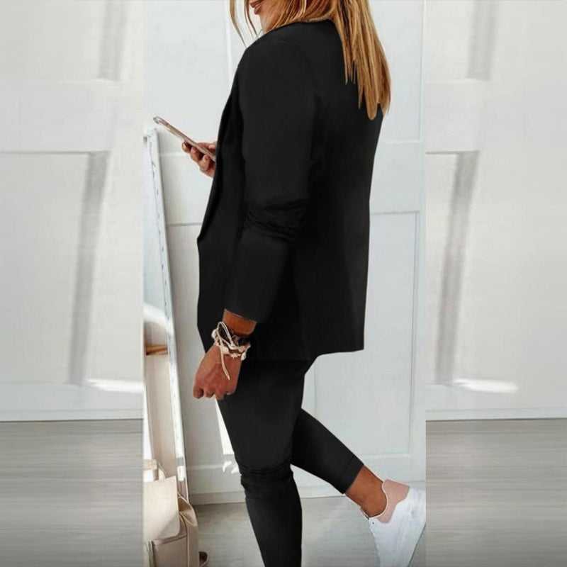 Ensemble tailleur femme blazer à revers crantés et pantalon à cordon de serrage