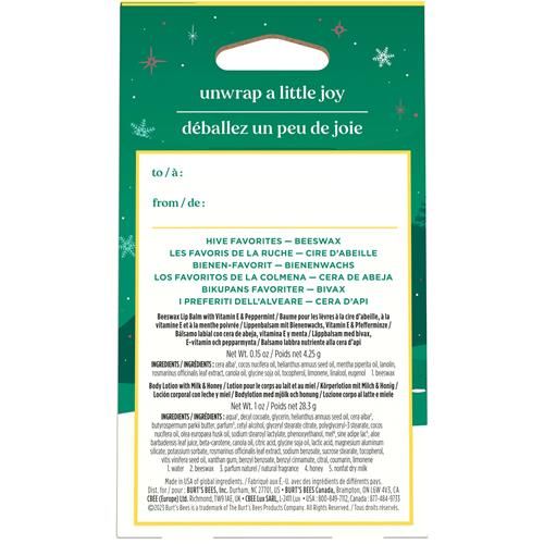 Coffret Cadeau de Noël Burt's Bees Hive Favorites Cire d'Abeille, Baume à Lèvres à la Cire d'Abeille et Lait Corporel Format Voyage au Lait et au Miel