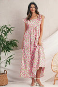 Robe longue à imprimé floral rose, col carré et bretelles à volants