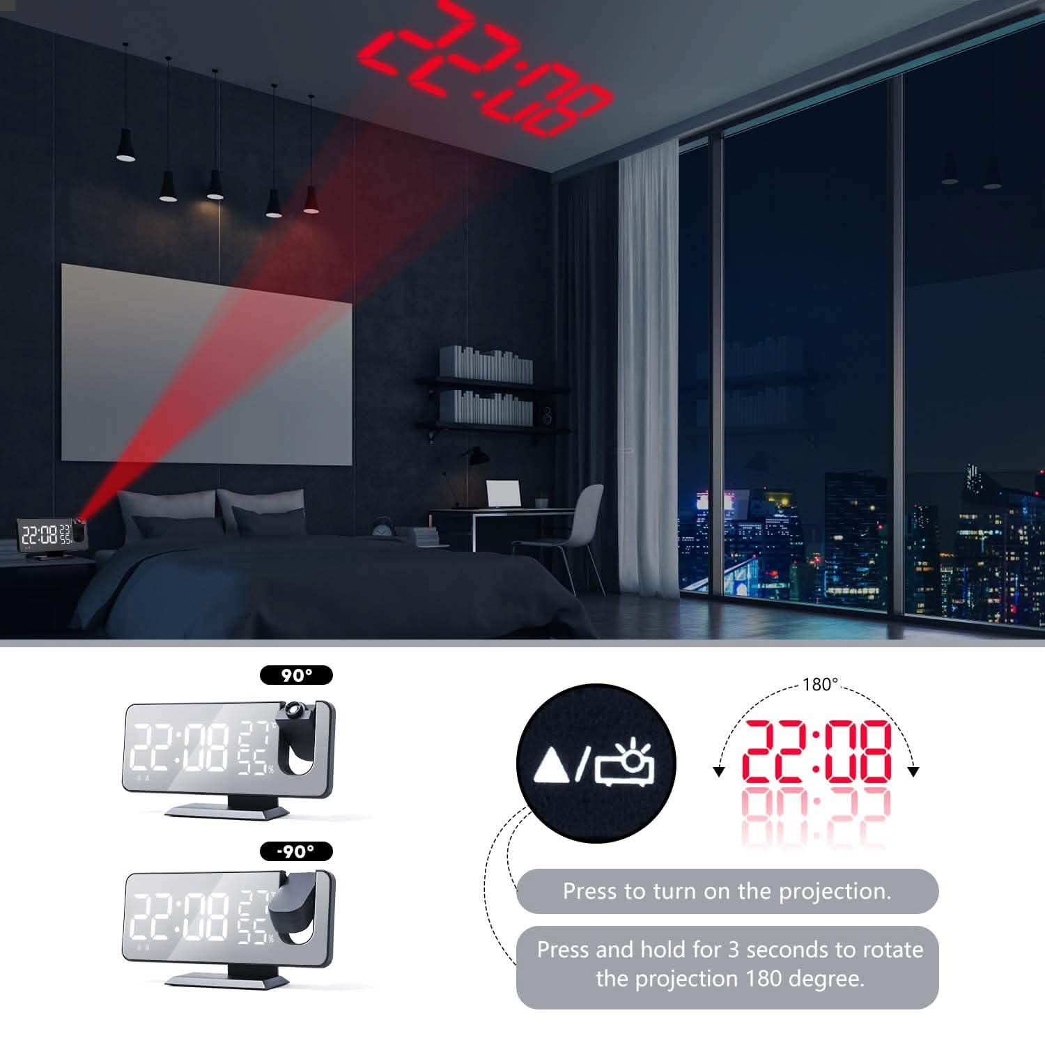 Réveil numérique à projection pour chambre à coucher