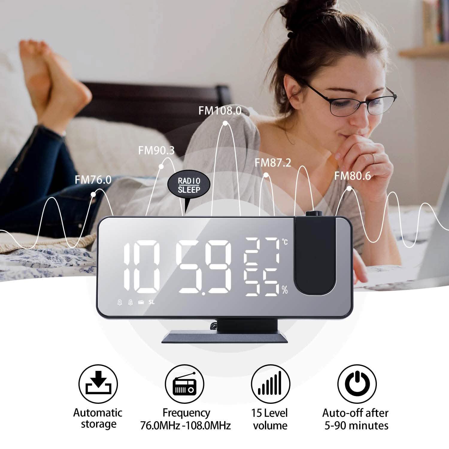 Réveil numérique à projection pour chambre à coucher
