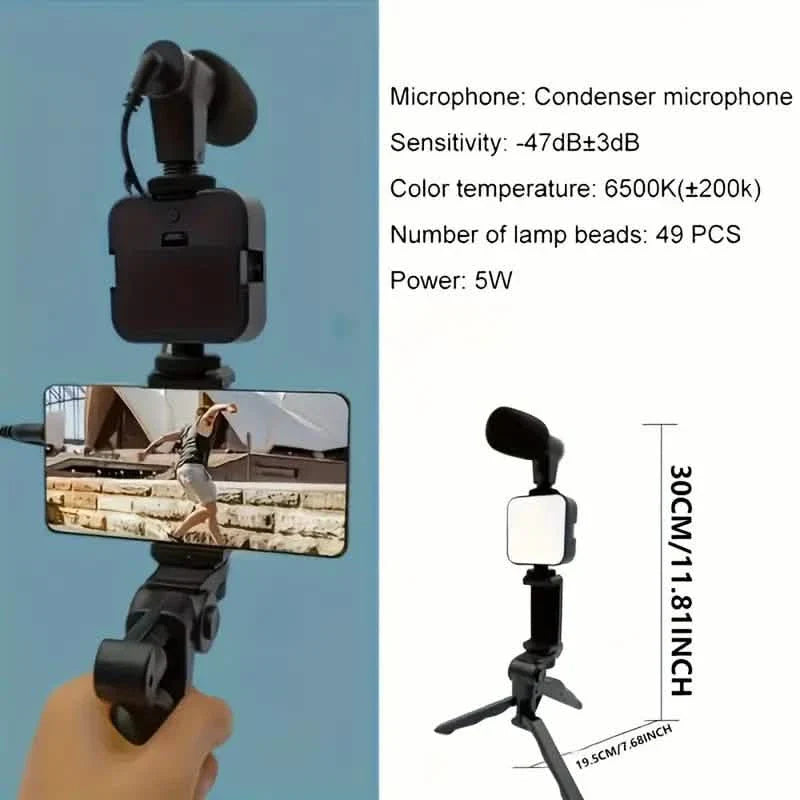 Kit de vlogging pour débutants avec trépied de 25 cm, support de téléphone et mini microphone canon