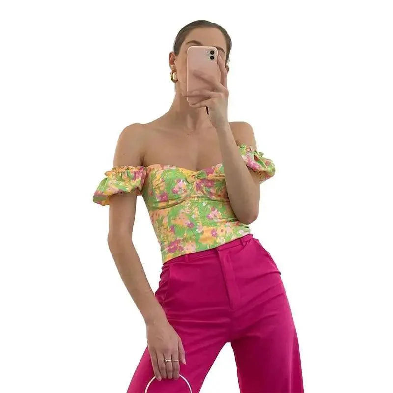 Meilleur Haut Court à Volants à Manches Courtes Imprimé Floral T-shirt Sexy Streetwear Flatteur Mignon pour l'Été