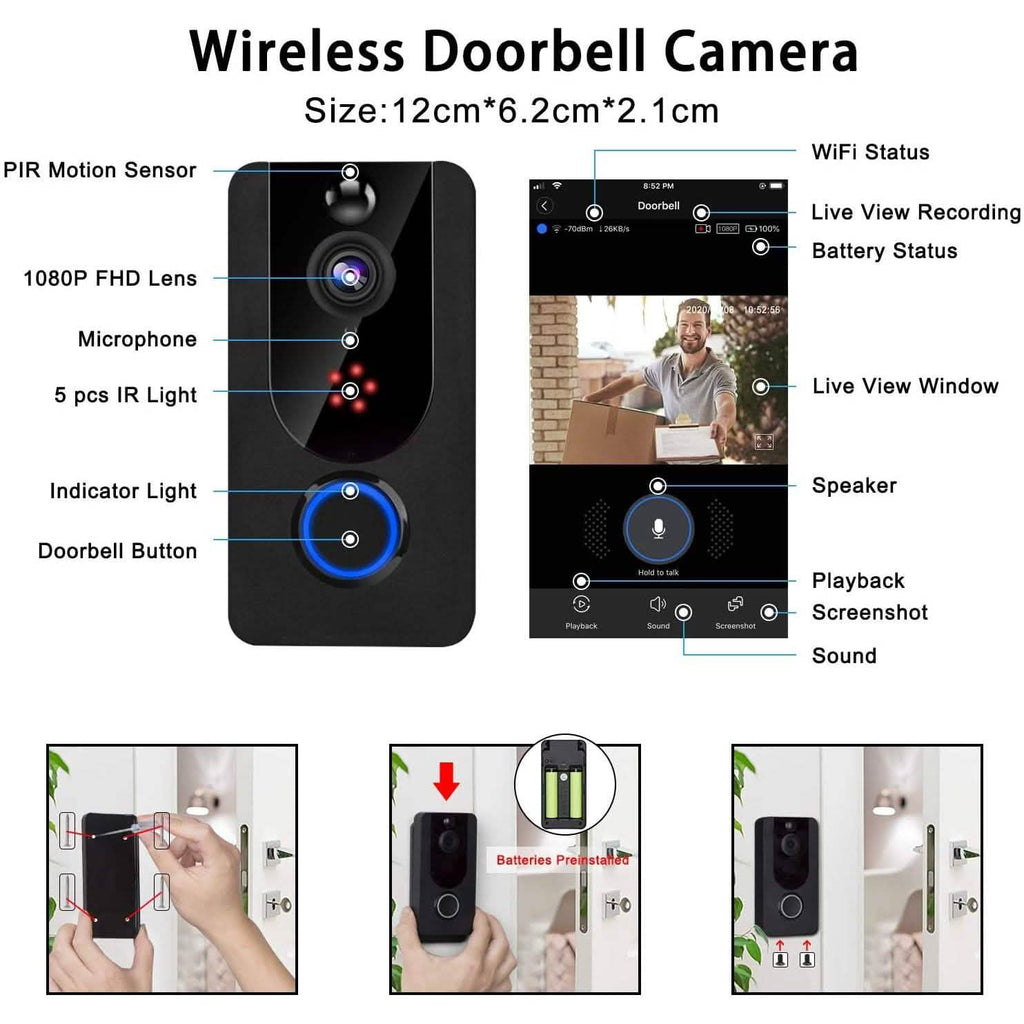 Sonnette vidéo sans fil Bextgoo 1080P avec carillon